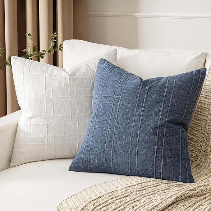 MIULEE Decorative Linen Check Throw Pillow Covers Neutral Farmhouse Vintage Pillow Covers 18x18 Set of 2 Boho Modern Home Decor for Sofa Couch Bedroom Cushion Blue