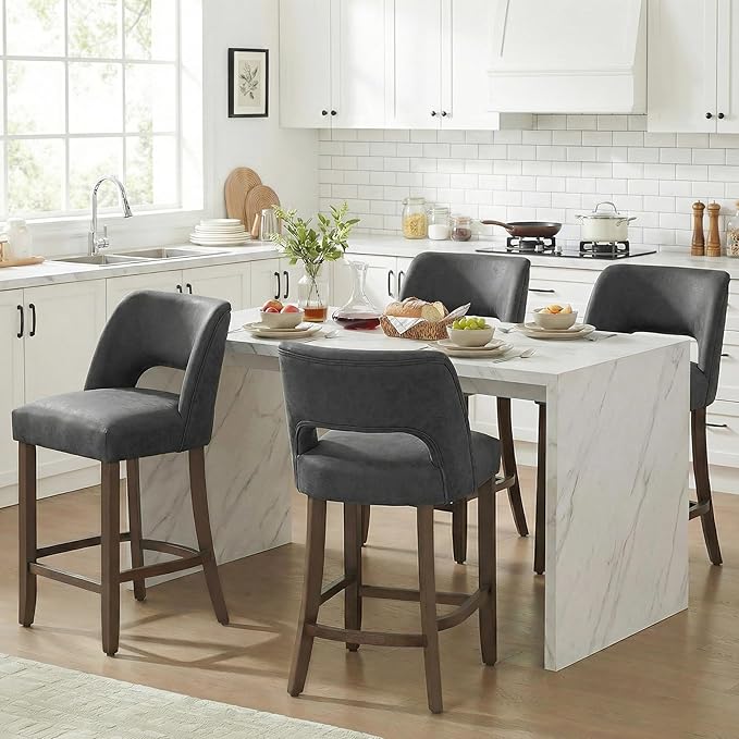 VKNOW 26" Bar Stools Set of 6, Faux Leather Counter Height Bar Stools with Backrest and Rubberwood Legs, Upholstered Barstools for Kitchen Island, Bar and Dining Room, Black