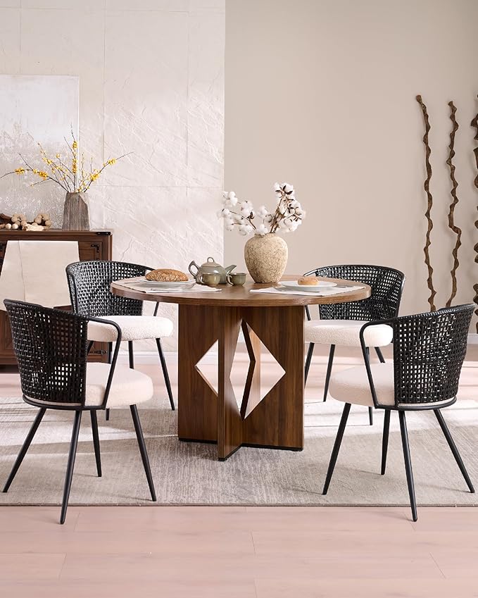 BedsPick Rattan Dining Chair Set of 6 - Farmhouse Upholstered PE Rattan Kitchen Chair with Boucle Cushion, Wingback Dining Room Seat with Cane Back and Metal Legs for Home, Kitchen (Black)