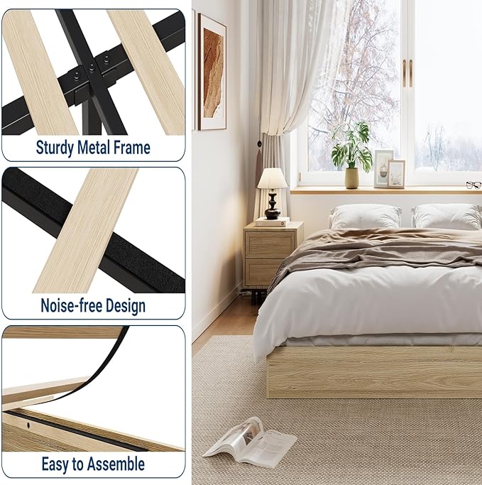 IDEALHOUSE Platform Bed Frame Queen Size,Wooden Slat Support,No Box Spring Needed, Easy Assembly, Natural