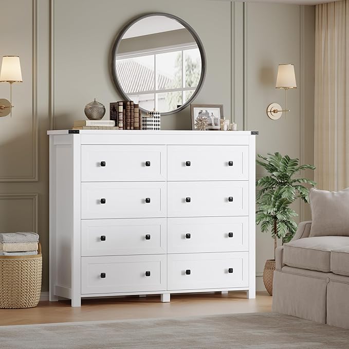 BORNOON Tall 8-Drawer Dresser, Modern Wooden Storage Chest of Drawers, Dresser TV Stand, Wood Drawer Organizer with Metal Handles for Bedroom, Living Room, Hallway