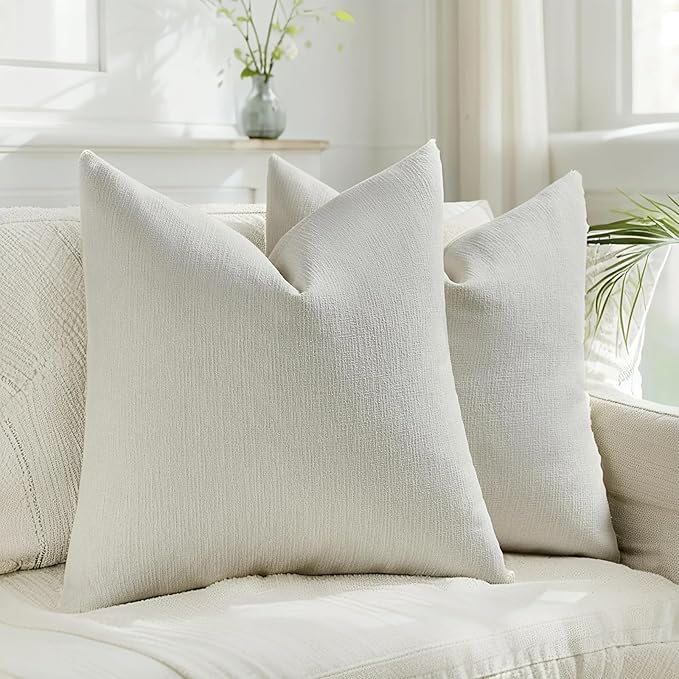 HAUSSY Cream White Throw Pillow Covers 16x16 Inch Set of 2,Boho Decorative Faux Linen Throw Pillows Cozy Farmhouse Accent Cushion Covers,Home Decor for Couch Sofa Bed Living Room