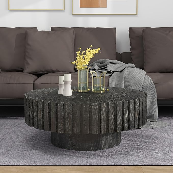 Round Wood Coffee Table for Living Room Modern Rustic Fluted Solid Wood Coffee Table Pedestal Center Table Circle Tea Tables for Apartment Easy Assembly(31.5''Antique Black)