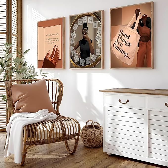 Yudinbin 3pcs Black Girl Poster African American Wall Art Decor Paintings Fashion Abstract Black Woman Poster Canvas Prints Pictures for Living Room Bedroom 12x16 inch Unframed