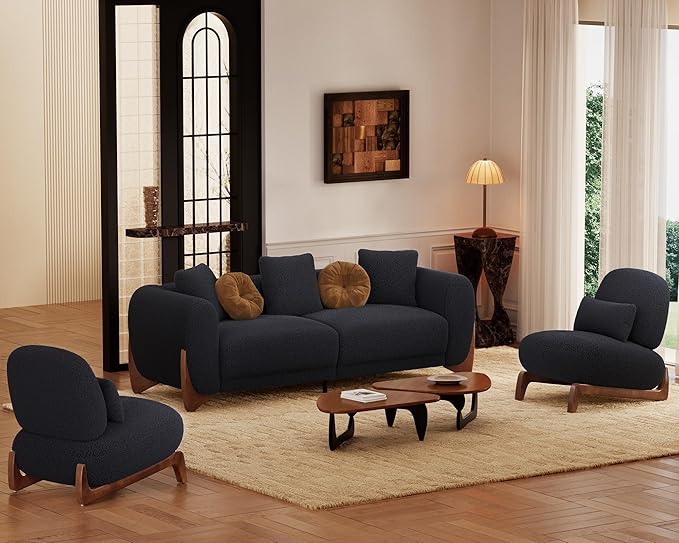 Morden Fort 3 Piece Cloud Couch Set, Modern Sherpa Boucle Sofa Set with Wood Legs, Skin-Friendly Minimalist Upholstered Comfy Couch Sofas for Living Room, 3-Seater Sofa & 2 Chairs, Black