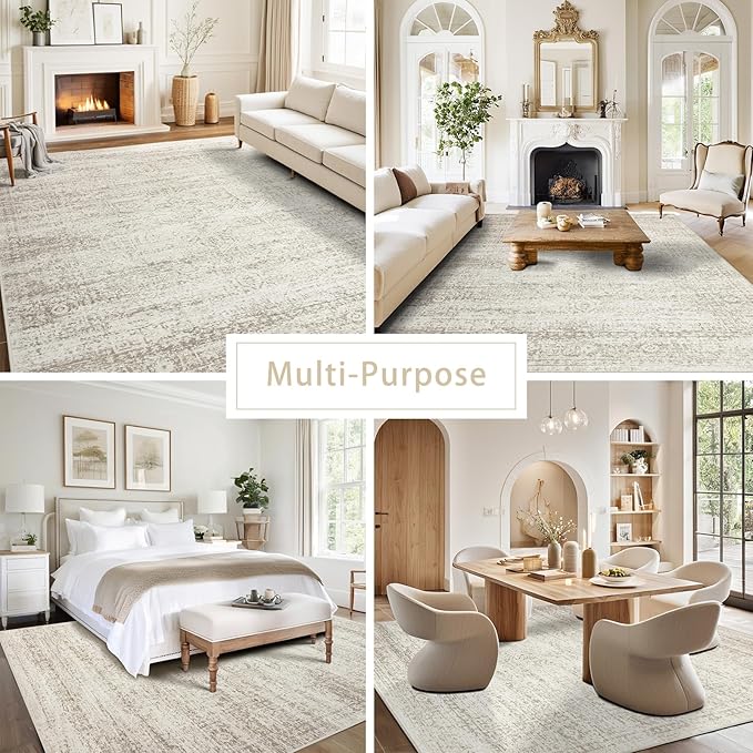 Srugn Washable Rugs 6x9 Area Rugs for Living Room,Rugs for Bedroom, Large Carpets,Ultra Soft Faux Wool Retro Dining Room Rug,Non Slip&Non-Shedding Low Pile Vintage Print Rug Indoor for Home Office