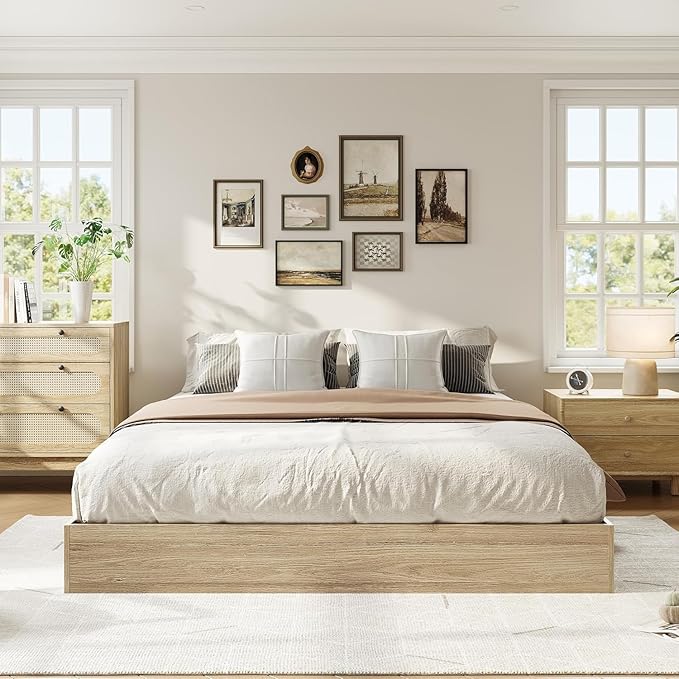 Full Size Solid Wood Platform Bed with Sturdy Wooden Slats, Floor-Standing Bed Frame, Modern Minimalist Design Space-Saving Bed Frame, No Box Spring Needed, Space Saver,Easy Assembly, Golden Tan Wood