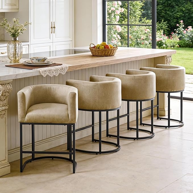 ClinQ 26" H Counter Height Bar Stools Set of 4, Modern Barrel Counter Stools with Backrest and Arms, Black Metal Frames, Linen Fabric Upholstered Accent Barstools for Kitchen Island, Camel