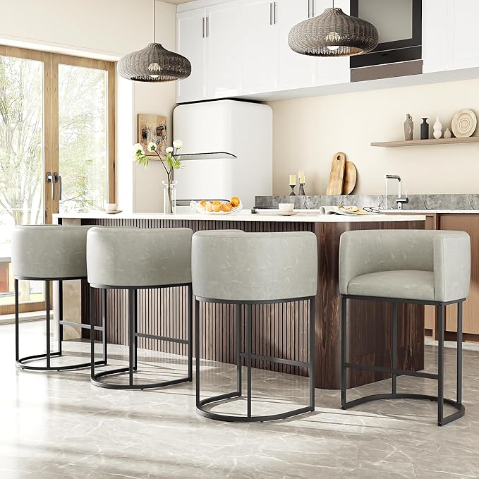 26" H Counter Height Bar Stools Set of 4, Modern Barrel Counter Stools with Backrest and Arms, Faux Leather Upholstered Accent Barstools for Kitchen Island,Support 450 LBS (Grayish White)