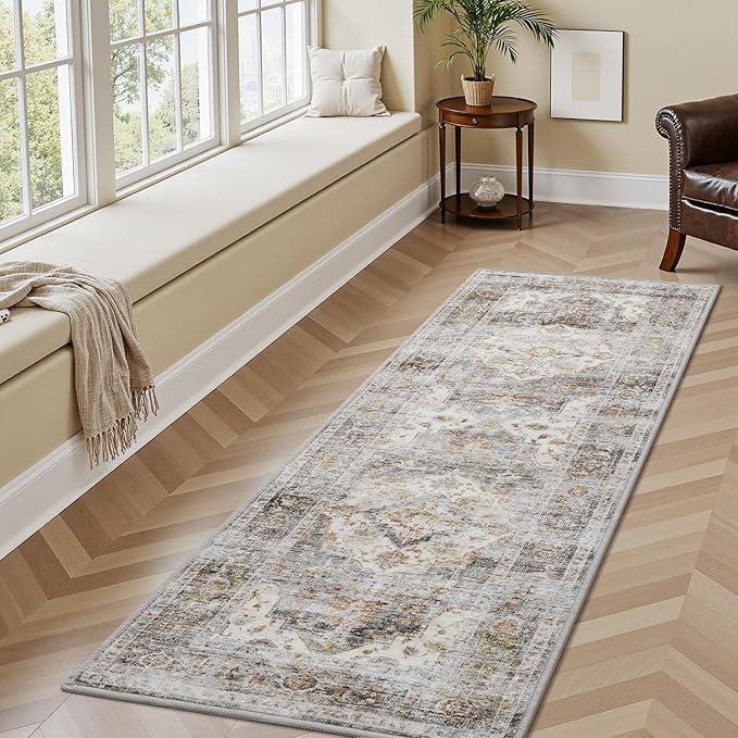 AMOAMI-2X3 Small Rug-Washable Rugs Entryway Mat Indoor-Soft Vintage Non Slip Rugs for Kitchen Laundry Room Bathroom Grey Decorative Accent Rug for in Front of Sink 24 Inch x36 Inch