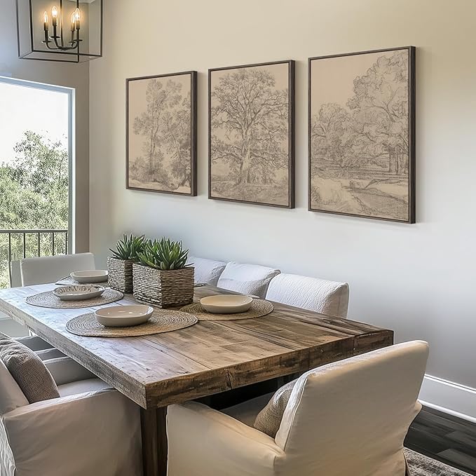 Framed Neutral Vintage Landscape Wall Art for Living Room, 3 Piece Large Tree Sketch Rustic Canvas Artwork for Walls, Brown Forest Wabi Sabi Farmhouse Wall Decor for Bedroom Hallway Office, 20x30 Inch