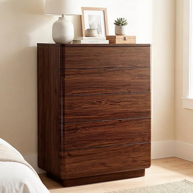 ACCOHOHO 5 Drawer Dresser for Bedroom, 42" Tall Modern Wood Dresser with Hidden Handle Drawers, Large Storage Chest of Drawers for Living Room & Hallway, Curved Profile Design, Dark Walnut