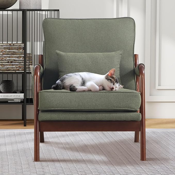 ANJ Mid Century Modern Accent Chair Set of 2, Lounge Reading Armchair with Extra Side Pocket & Detachable Cushion, Comfy Fabric Accent Chairs for Living Room, Bedroom, Green