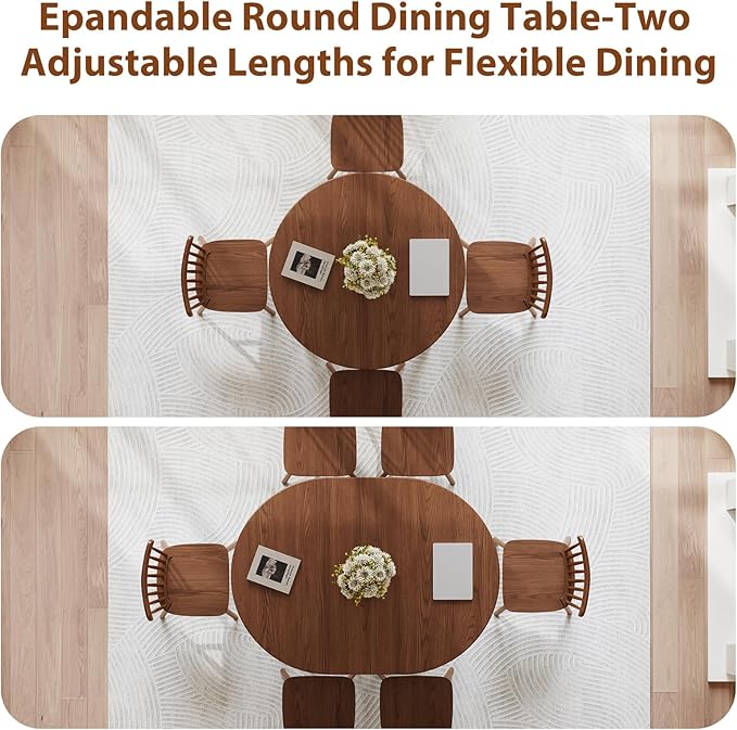 Solid Wood Round Extendable Dining Table, 43″-59″ Expandable Dining Table for 4-8, Oval Extendable Dining Room Table with Hidden Storage, Oval Dining Tables with Leaf, Walnut Round Kitchen Table