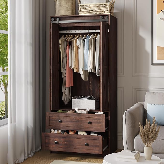 Maupvit Farmhouse Armoire with 2 Folding Sliding Barn Doors and Drawers 70.9" Tall Wooden Bedroom Wardrobe Closet with Spacious Storage Cabinet with Hanging Rod for Bedroom, Dark Brown