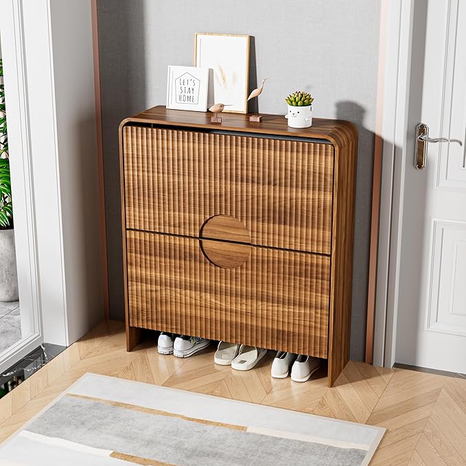 Slim Shoe Storage Cabinet for Entryway, Narrow Shoe Cabinet with 2 Tier Flip Drawers Doors, Fluted Hidden Shoe Rack Organizer for Entrance, Entry Way, Foyer, Hallway, Walnut, Wooden