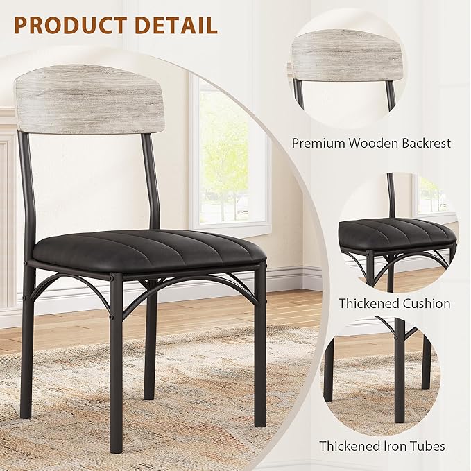 Jocoevol Dining Chairs Set of 4 - Upholstered Dining Room Chairs with PU Leather, Industrial Kitchen Chairs with Wooden Backrest and Thickened Metal Legs, for Dining Room, Living Room（Gray）