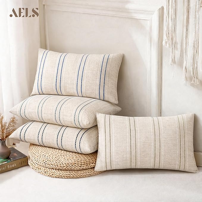 AELS 12x20 Decorative Farmhouse Linen Throw Pillow Covers, Boho Textured Pillow Case, Set of 2, Beige with White & Black Stitch Yarn Dyed Stripe Cushion Cover for Sofa Couch Living Room (Cover ONLY)