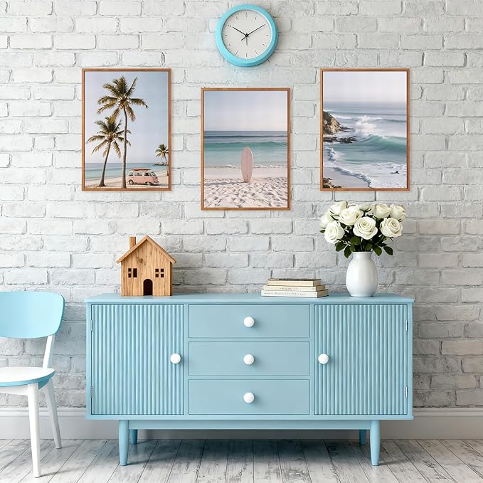HPINUB Beach Seascape Framed Canvas Wall Art,(Set of 3,12X16 Inch) Palm Tree Surfboard Nature Wall Decor,Modern Coastal Landscape Artwork Relax Summer Ocean Art Print For Living Room,Bathroom Decor
