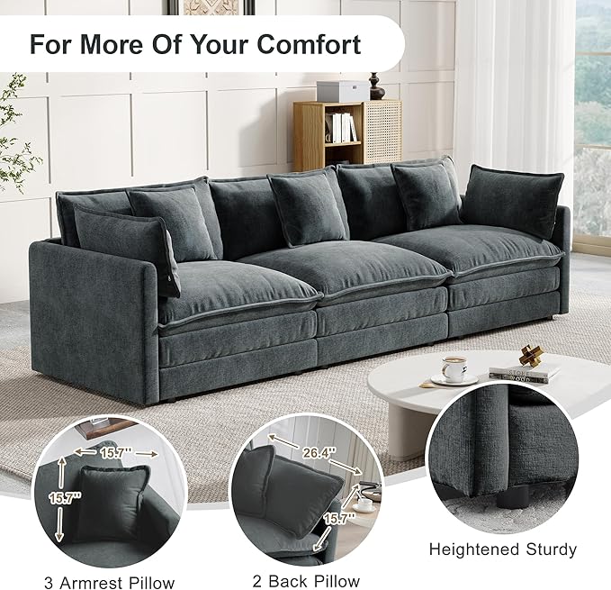 Modular Sectional Sofa, 111.5 Inch I-Shaped Cloud Sofa with Deep Seat Chenille Sofa with Cushions, Three-Self Sectional Sofa for Living Room Apartment,Gray