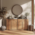 BELLEZE Set of 2 Modern Buffet Cabinets (63" Wide)-Large Sideboard Credenza with Arched Doors-Seamless Hidden Storage Console for Dining Room & Living Area-Camel