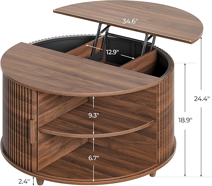 Round Lift Top Coffee Table, 34.6" Modern Coffee Table with 180° Curved Sliding Door, Fluted Accent Coffee Tables with Hidden Storage and Open Shelves, for Living Room, Office, Walnut
