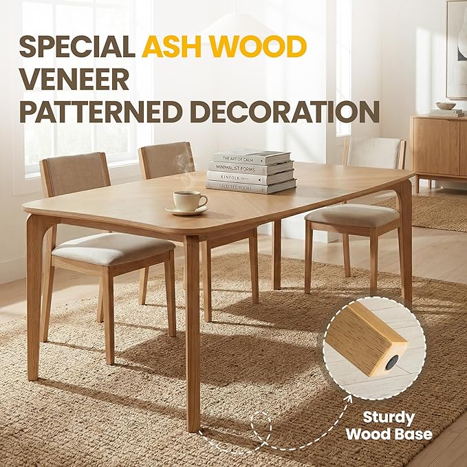 HNY Modern Curved Edge Dining Table, 63" Solid Wood Kitchen Table with Herringbone Pattern Mid-Century Rectangular Dinner Table for 6-9 People, Natural Oak Finish