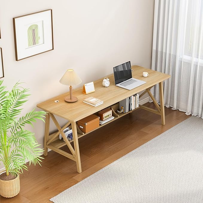NELYE Extra Long Desk with Bookshelf - Wooden Home Office Work Study Table, 2-Person Writing Computer Workstation with Storage Shelf in Oak, 63" Wx24 Dx30 H