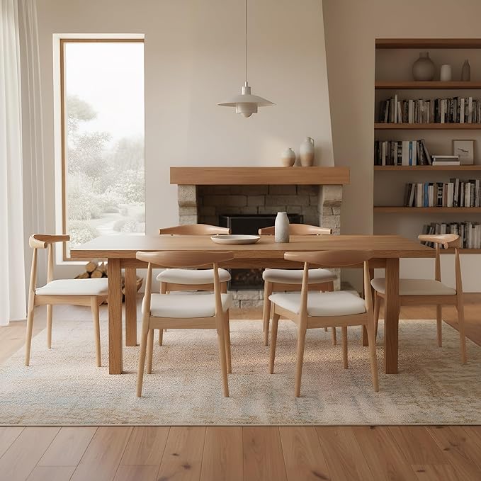 ROCITY Wood Dining Chairs Set of 2 Fabric Kitchen Chairs with Linen Cushion and Barrel Backs Mid Century Modern Dining Room Chairs, Natural Wood