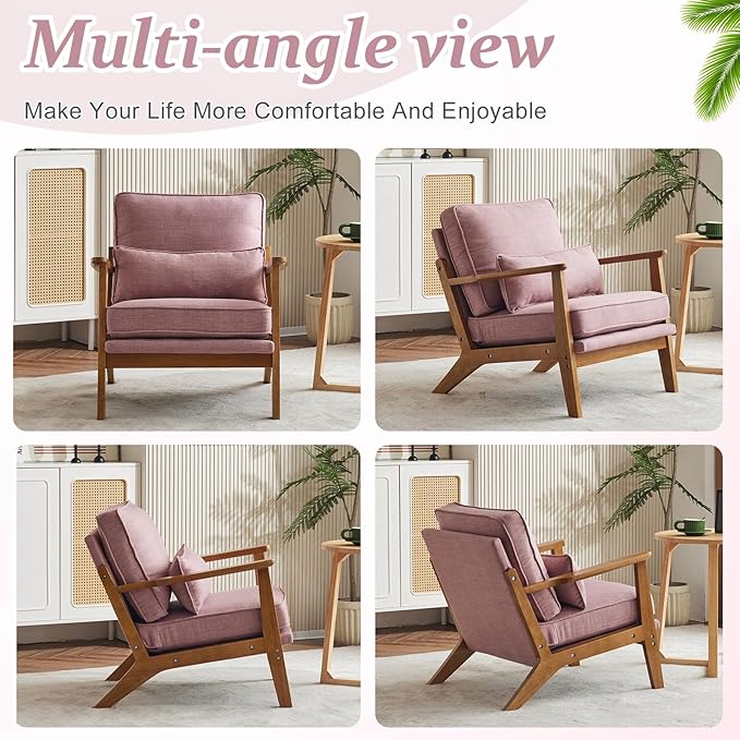 VINGLI Solid Wood Wide Armrests Accent Chair Set of 2,Upholstered Mid Century Modern Chair with Pillow,Farmhouse Arm Chair Comfy Chair,Chairs Living Room,Bedroom,Guest Room,Linen Fabric,Peachy Red