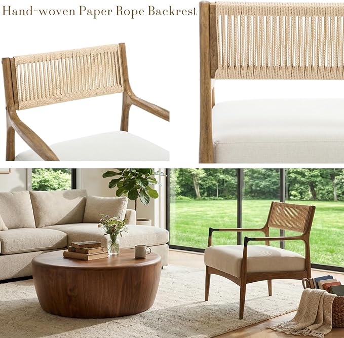 Ya-Home Mid-Century Modern Accent Chairs with Woven Rope Back, Upholstered Linen Fabric Armchairs with Solid Wood Frame for Living Room Bedroom, 2PCS, Beige
