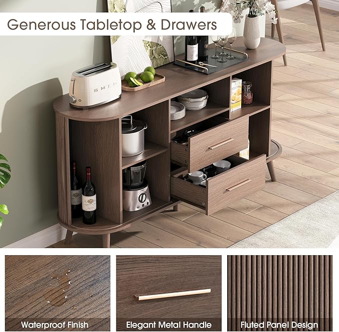 JOINICE 63" Fluted Storage Cabinet for Living Room,Mid-Century Modern Sideboard with Sliding Doors, Walnut Buffet Cabinet with Drawers & Solid Wood Legs, Large Accent Credenza for Home, Dining Room