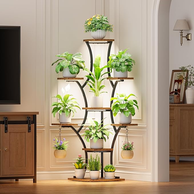 Corner Plant Stand With Grow Lights - 52.7" Indoor Plant Stand, Corner Plant Shelf For Indoor Plants, 8 Tiered Lighted Flower Holder, Tall Display Rack For Living Room, Hallway, Home, Black & Brown