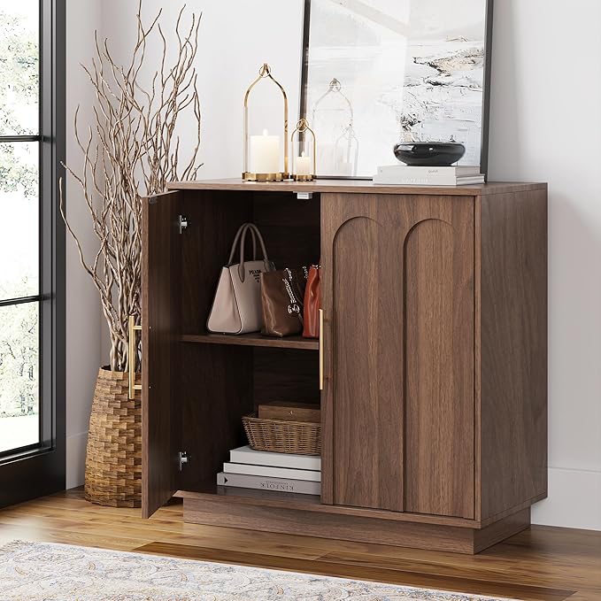 FORTUNETEC Sideboard Buffet Cabinet with Storage Set of 2, Mid Century Modern Accent Cabinet with Arched Doors, Modular Media Console, Credenza for Living Room Kitchen Dining Room Entryway, Walnut