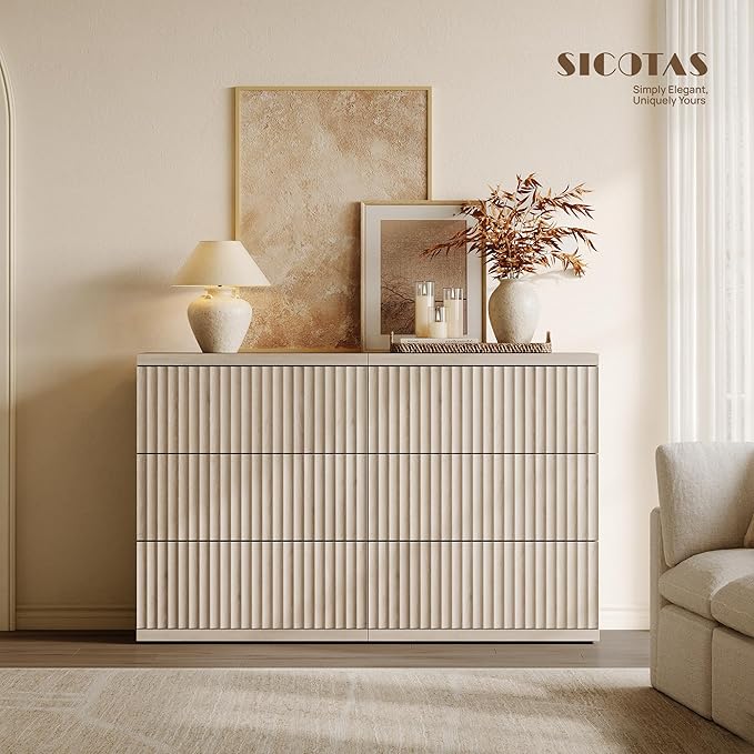 SICOTAS Fluted Buffet Sideboard Cabinet with Larger Drawers, Modern Credenza Accent Sideboard with Storage, Mid Century Media Console Coffee Bar Table for Dining Room Hallway Kitchen (2 PCS)
