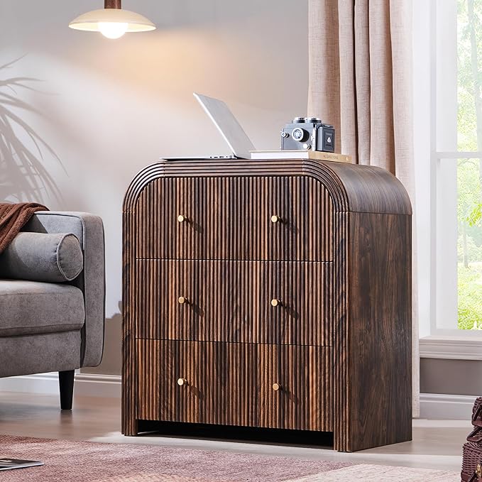 T4TREAM Fluted Dresser with 3 Drawers, 32" Tall Modern Chest of Drawers with Thickened Curved Profile Design, Wood Closet Clothes Storage Organizer for Bedroom, Living Room, Hallway, Dark Walnut