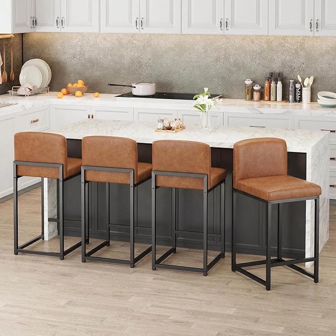 GarveeHome Bar Stools Set of 2, Modern Counter Height Bar Stools with Back and Footrest, Faux Leather Upholstered Barstools Chairs for Kitchen Island Dining Room Bar, Brown