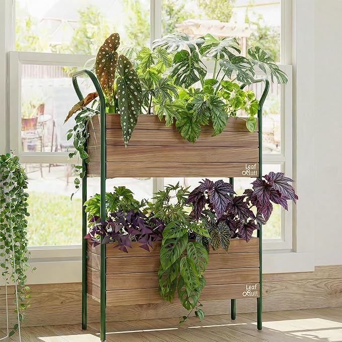 Leaf&lull Raised Garden Bed with Legs Plant Stand Indoor Outdoor Corner Metal Wood Plant Shelf Tiered Plant Holder Ladder Shelf for Patio Balcony Shelving Unit for Live Plants House Decor 2 Tier