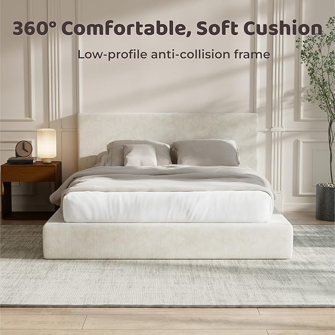 RECCI AirFrame Full Size Bed Frame with Headboard, Cloud Upholstered Platform Bed Frame, 5 Inch Foam Cushioned, No Box Spring, Easy Assembly(Beige Chenille)