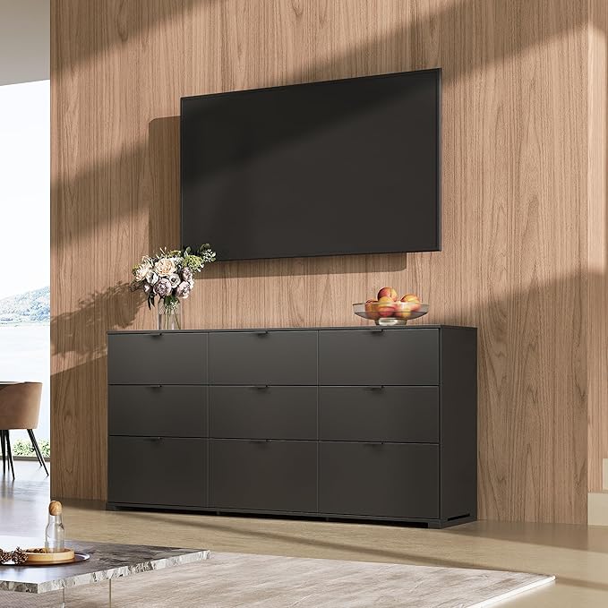 WLIVE 9 Drawer Dresser for Bedroom, 63" Wide Black Drawers Large Wooden Chest of Drawers Organize with Sturdy Metal Handle, Modern Dresser for TV Stand, Living Room Office, Hallway, Ball Bearing Slide