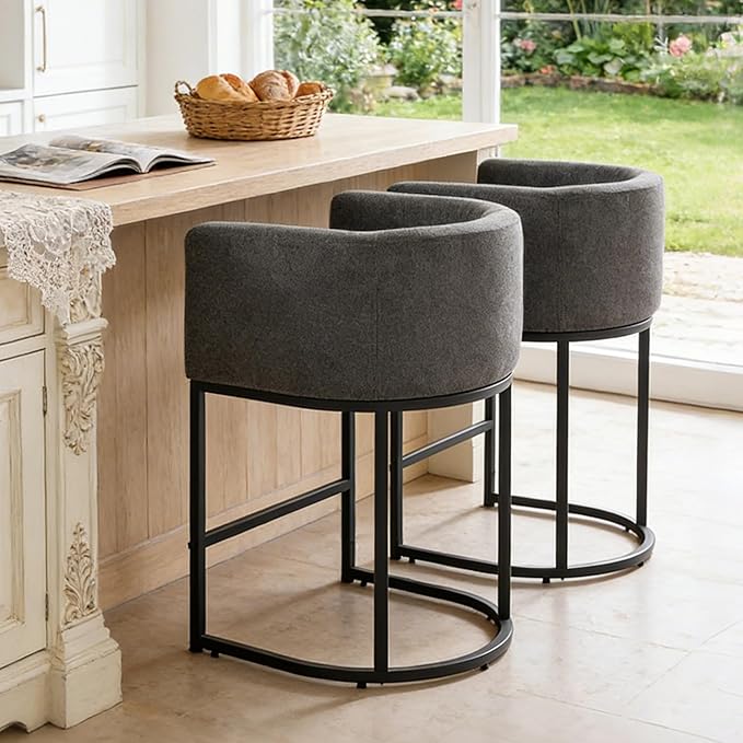 ClinQ 26" H Counter Height Bar Stools Set of 6, Modern Barrel Counter Stools with Backrest and Arms, Black Metal Frames, Linen Fabric Upholstered Accent Barstools for Kitchen Island, Carbon Gray