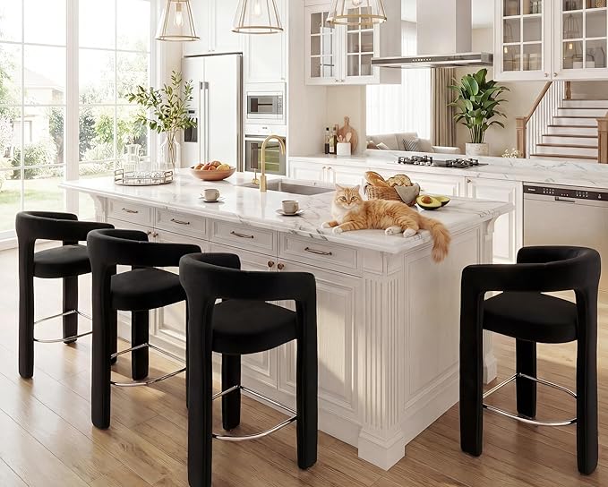 HNY 26 Inch Modern Tall Barrel Bar Stools Set of 4, Velvet Upholstered Barstools with Open Backs, Counter Height Bar Stools Chairs with Armrest for Kitchen Island, Black