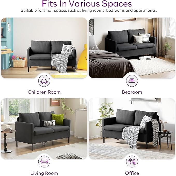 TYBOATLE Linen Fabric Modern Small Loveseat Sofa Couch for Living Room, 51" W Little Upholstered 2-Seater Mini Love Seats w/Iron Legs for Small Space, Apartment, Bedroom, Dorm, Office (Dark Grey)