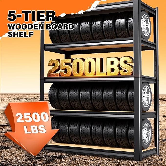 71''H 35.4''W Storage Shelves,2500LBS Garage Shelving ,Adjustable Garage Shelves ,Heavy Duty Metal Shelving, 5 Tier Wood Utility Steel Shelf, Shelving Units and Storage Rack fo Kitchen Pantry Laundry