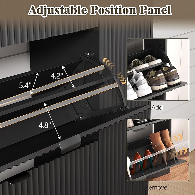 Shoe Cabinet Storage for Entryway with 3 Flip Drawers & Side Cabinet, Fluted Narrow Shoe Organizer with Wooden Leg, Freestanding Shoe Storage Hidden Shoe Rack Organizer for Front Door Entrance, Black