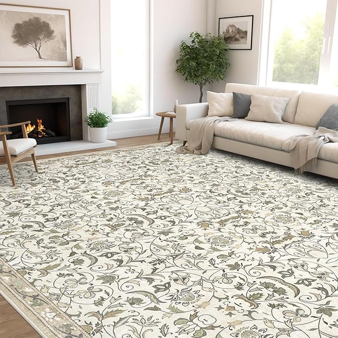 4×6 Washable Large Area Rugs for Living Room, Floral Soft Rug Non Slip Stain Resistant Carpet for Bedroom Dining Room Kitchen Farmhouse Home Decor，Beige Multi 061