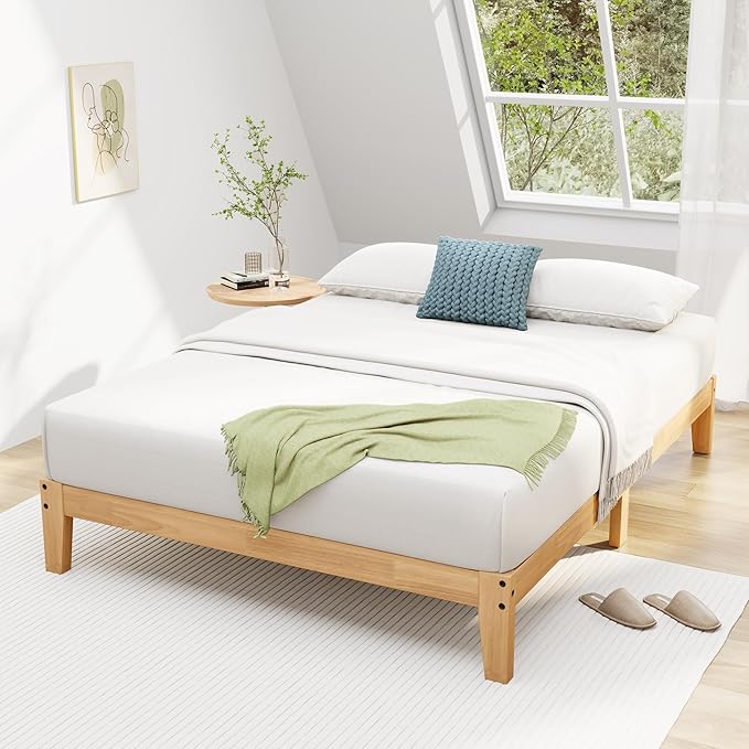 Awesofurni Queen Bed Frame, 12 Inch Solid Wood Platform Bed with Wooden Slats, Natural Finish Wood Bed Frame No Box Spring Needed, Noise Free - Easy Assembly