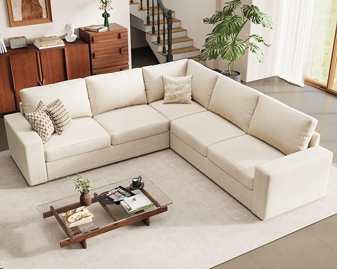 ELUCHANG 113" V-Shaped Modular Sectional Sofa Couch, Modern 5-Seat Comfy Linen Deep Seat Sofa with Corner, Removable Cover, Easy Assembly, Large Sofas & Couches for Living Room, Office, Beige | Spring Cushions, Easy to Clean, Deep Seat