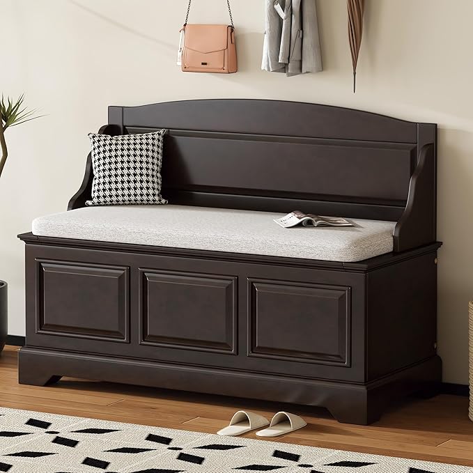 LUMISOL Shoe Storage Bench with Cushion, 41.7“ Farmhouse Entryway Bench with Soft-Close Devices and Hidden Storage, Upholstered Storage Ottoman for Living Room, Entryway, Bedroom, Espresso