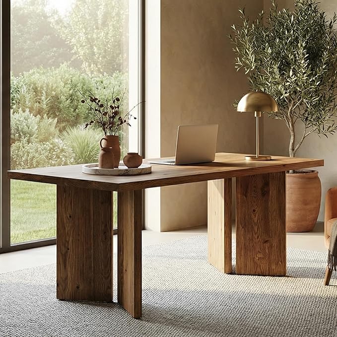 LITTLE TREE 63" Long Large Wood Desks, Solid Wood Office Desk, Farmhouse Executive Computer Desk, Home Office Workstaticon, Work Writing Table, Rustic Brown